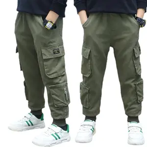 Boys Big Pockets Cargo Pants Big Children Teen Army Green Casual trousers