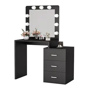 2021 novo design barato luxo vanity preto 3 gavetas maquiagem penteadeira e espelho com luzes led