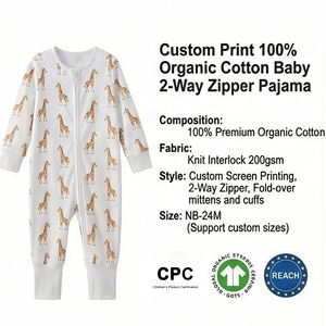 Pijama de Manga Larga con Cierre de Cremallera de Algodón Orgánico Certificado GOTS de Diseño Personalizado para Bebés, Pijama para Niños, Mameluco para Recién Nacidos - Product Image 2