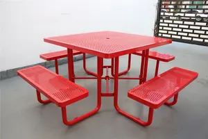 Tavolo da picnic da giardino commerciale in metallo con rivestimento a polvere per esterni con panca per esterni sedia da tavolo da pranzo rettangolare in acciaio per patio