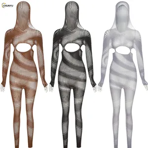 Macacão de manga comprida transparente para mulheres, macacão de uma peça, moda de verão 2024