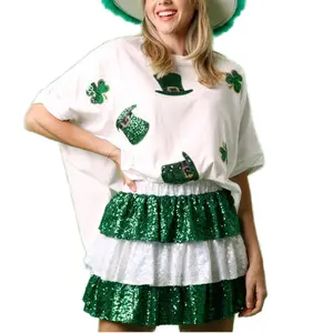 Fashion Sequin Green Hats St.Patrick's Day Women's T Shirt Sparkle Sequin Four Leaf Clover Hats St.Patrick's Day Women T Shirts