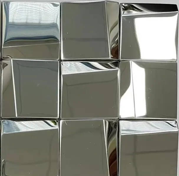 3 D solid square silvery stainless steel mosaic mirror brushed surface 3 D art tile background wall tile