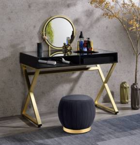 Modern Solid Oak Wood Makeup <b>Vanity</b> Desk with Removable Mirror Black & Gold Finish Bedroom Furniture - Product Image 1
