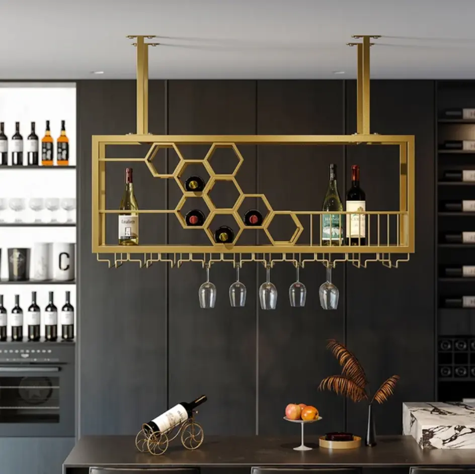 Venta al por mayor de metal colgante estante de vino para el hogar taza de exhibición estante de barra dorada flotante soporte para copas de vino