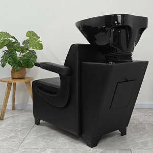 Fauteuil de lavage noir pour salon de coiffure avec cuvette en céramique et revêtement en cuir - Product Image 5