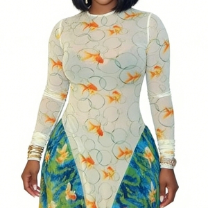 ชุดเดรสแฟชั่นผู้หญิง ดีไซน์เก๋ไก๋ พิมพ์ลายต่อกัน ทรงเอ กระโปรงทรงเอ คอกลม แขนยาว ผ้าบางเบา ให้ลุคสดใส - Product Image 3