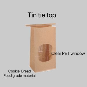 Sacs en papier kraft brun à fenêtre, à fond plat, à ouverture facile, pour le stockage de pain, biscuits et sandwichs, avec fermeture à lien métallique - Product Image 5