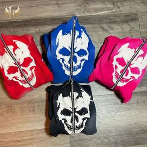 Sweat à capuche unisexe surdimensionné avec logo personnalisé, motif tête de mort, style streetwear hivernal, effet délavé, broderie et patch, 100% coton - Product Image 5