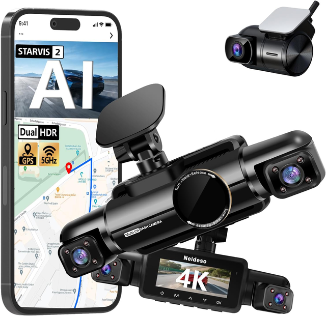 4 Lens Dash Cam with AI DMS Front 4K Recording STARVIS 2 Dashcam Built-in GPS Car Black Box with Parking Monitoring