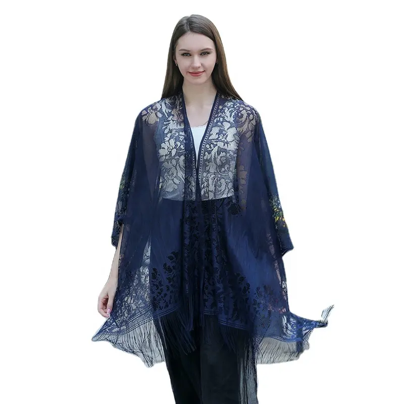 Kimono syal renda biru untuk wanita, kardigan renda kualitas tinggi untuk wanita