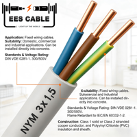 Câble électrique NYM-J(O) 3G 1,5-35 mm² 300/500 V, fil de cuivre isolé PVC, câble de câblage fixe pour installation intérieure