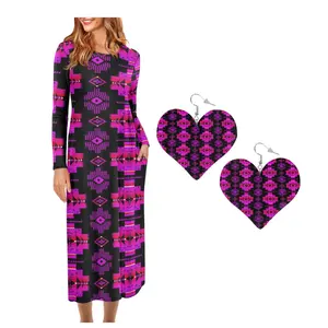 Abstract Tribal Aztec Pattern O Neck Long Sleeves Dress Matching Leather Heart Earrings Set of 2 Fashion Party Dresses Drop Ship