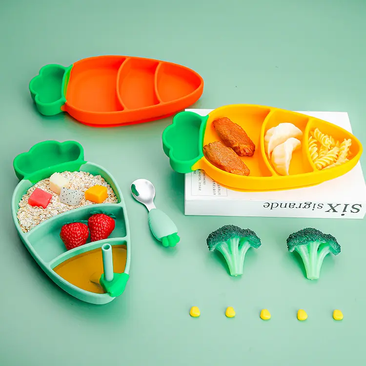 Silicone baby feeding kids eating training lovely carrot anti-flip divided plate dinnerware set