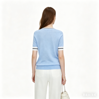 Haut en tricot décontracté pour femme, style preppy uni, respirant, à manches courtes, avec ourlet côtelé et col marin