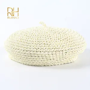 Classic Vintage Chic Handmade Crochet Straw Caps With Solid Color For Ladies Beret Painter Hat