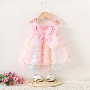 Vestido Infantil de Moda al por Mayor 1635 para Niñas de <span class=keywords><strong>6</strong></span> <span class=keywords><strong>A</strong></span>ños, Estilo Dulce de Verano, Vestido con Tirantes de Malla con Lazo y Parches, Color Sólido - Product Image 3