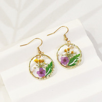 Boucles d'oreilles pendantes tendance en acier inoxydable pour femmes, forme ronde, fleurs séchées, bijoux de mode pour mariages, usage quotidien, cadeau