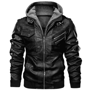 Oem Manufacturer Men's Winter Genuine Vintage PU Leather <b>Jacket</b> With Hooded Sweatshirt European American Style Zipper Pocketed - Product Image 2