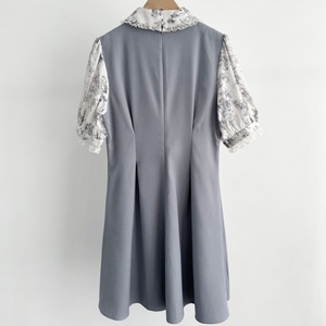 Ngọt Ngào Bow Tie Ren Lần Lượt Xuống Cổ Áo Ngắn Tay Áo Ăn Mặc Với Áo Choàng In Màu Sắc Tương Phản Chắp Vá Áo Choàng Ngắn Cho Phụ Nữ - Product Image 5