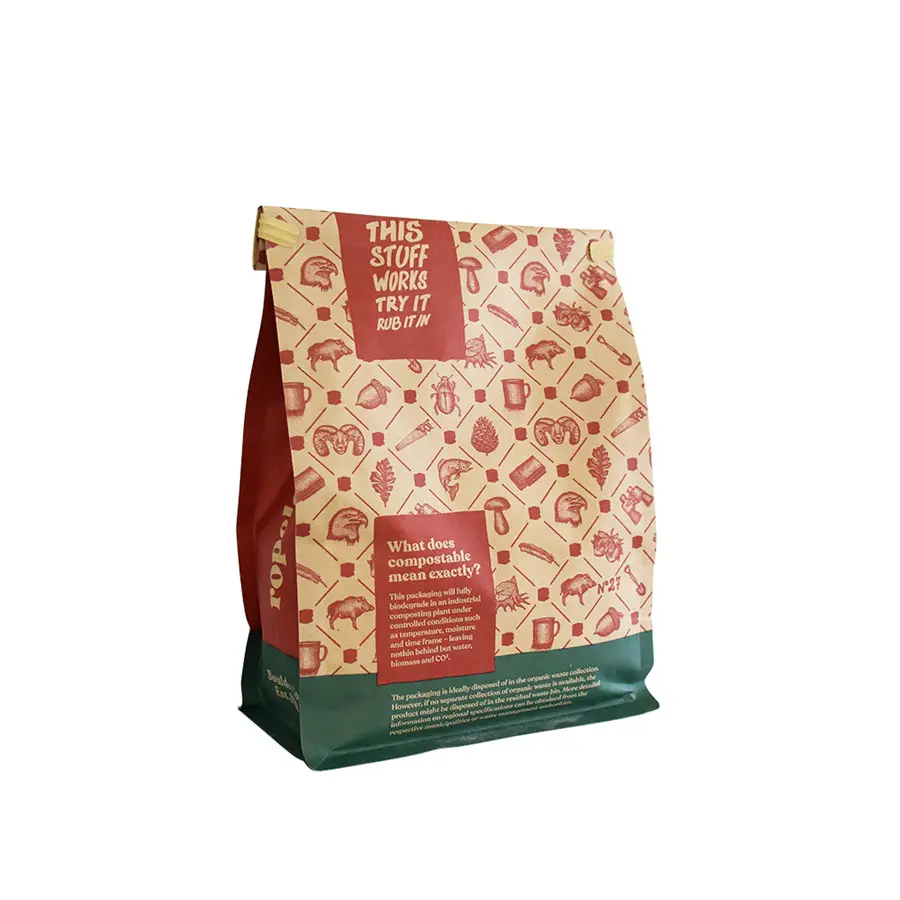 100% compostabile 1/8L 100Gsm marrone vergine pasta di carta sfusa sacchetti di vendita al dettaglio sacchetti di cibo imballaggio da asporto generi alimentari Hdpk