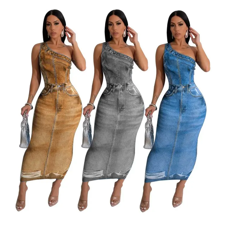 QuiteS 2024 New Fashion Sexy 3d Printed Slant Shoulder Sleeveless Like Denim Jean Dress Long Wrap Hip Dresses