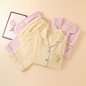 Nuovo Pigiama da Donna <span class=keywords><strong>in</strong></span> Puro <span class=keywords><strong>Cotone</strong></span> a Doppio Strato di Garza, Completo Homewear a Maniche Lunghe con Vita Elasticizzata per Primavera e Autunno - Product Image 2