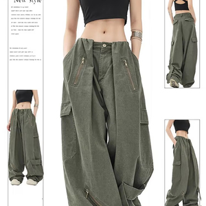 American Retro <span class=keywords><strong>Army</strong></span> Green <span class=keywords><strong>Pantalon</strong></span> large taille haute pour femmes Nouvelle salopette ample <span class=keywords><strong>Pantalon</strong></span> de vadrouille d'été avec style parachutiste Taille M - Product Image 1