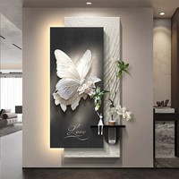 Peinture décorative murale moderne minimaliste avec papillons, plantes et fleurs, cadre en grès, couleurs noir, blanc, gris