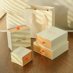Caja de papel para joyería naranja y beige, caja de paquete de cajón personalizado, anillo, pendiente, pulsera, collar, joyero deslizante con logotipo