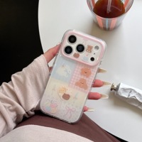 Coque de téléphone transparente motif ours mignon et chien pour iPhone 17 16 15 Pro Max, avec nœud rose, patchwork, en TPU souple, protection de l'objectif de l'appareil photo, pour filles