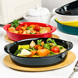 Plat <span class=keywords><strong>de</strong></span> cuisson ovale simple à double poignée en céramique, résistant au micro-ondes, avec glaçure colorée, pour gratins - Product Image 3
