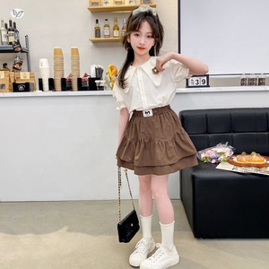 Vêtements d'été pour grandes filles, chemise à manches bouffantes, jupe courte à double couche, tenue pour adolescentes - Product Image 3