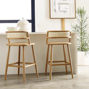 Tabouret <span class=keywords><strong>de</strong></span> <span class=keywords><strong>bar</strong></span> <span class=keywords><strong>scandinave</strong></span> Japandi en chêne massif avec assise en cannage, écologique, ergonomique, dossier bas, repose-pieds, pour la maison, la cuisine, l'hôtel - Product Image 2