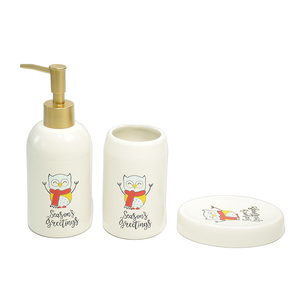 Juego de Accesorios de Baño de 3 Piezas de Dolomita con Diseño de Búho Pintado en Beige, Rojo, Amarillo y Negro, Estilo Navideño, Colección de Decoración para Baño - Product Image 1