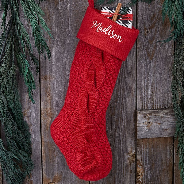 Personalized Christmas Stockings - 13 Inch Monogrammed Stocking With Embroidered Initial, Red Knit With Faux Fur Cuff