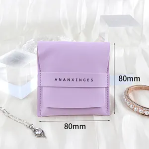 Luxe personnalisé 8*8 violet pu cuir affichage emballage cas boîte à bijoux sac doux lisse velours pochette sac bijoux pochette avec logo