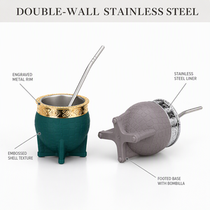 Tasse à Yerba Maté en Acier Inoxydable 180 ml, Double Paroi, Texture Coquille Gaufrée, Forme Gourd Ovale avec Paille Bombilla, OEM ODM - Product Image 3