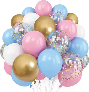 60 Pack 12 Inch Pastel Light Pink Blue White Gold Balloons Baby Pink Blue Balloon with Confetti Balloon Gender Reveal KK976