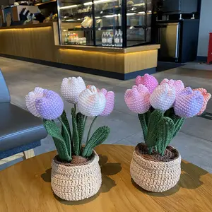 Fiori di tulipano fatti a mano pianta in vaso all'uncinetto per maglieria filo di lana Kit all'uncinetto per la decorazione delle donne