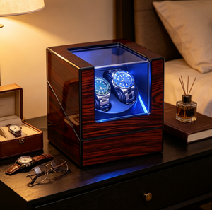 Remontoir de montre en bois pour 2 montres, boîte de rangement rotative éclairée par LED, vitrine anti-poussière pour montres mécaniques - Product Image 4