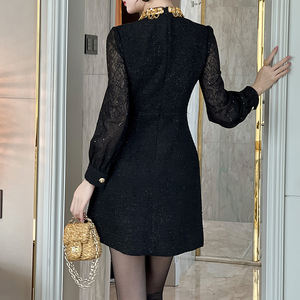 ZYHT 65275 Abito Formale Casual da Donna in Tweed con Decorazioni in Strass Dorati, Design Elegante per Feste, <span class=keywords><strong>Maniche</strong></span> <span class=keywords><strong>Lunghe</strong></span> Nere, Vendita all'Ingrosso - Product Image 2