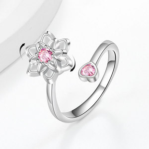 Dainty Flower Anxiety <b>Spin</b> <b>Ring</b> Open Adjustable Pink Cubic Zirconia Copper Rhodium Plated Lotus Flower Rotating Base Jewelry - Product Image 1