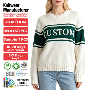 <span class=keywords><strong>Pull</strong></span> en coton personnalisé OEM ODM avec logo en jacquard, col rond, manches longues, rayures, <span class=keywords><strong>pull</strong></span> <span class=keywords><strong>de</strong></span> sport en tricot <span class=keywords><strong>de</strong></span> style rugby pour femme - Product Image 1