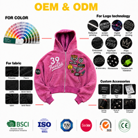 Sudadera con capucha personalizada con bordado, 100% algodón, 500GSM, con cremallera completa, para hombre, estilo urbano de diseñador, con lavado ácido y corte holgado