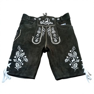 Pantalones Cortos Bávaros de Cuero Genuino de Piel de Vacuno con Bordado Personalizado para Oktoberfest, Estilo Casual Elegante, Cintura Elástica, Diseño Antiguo - Product Image 1