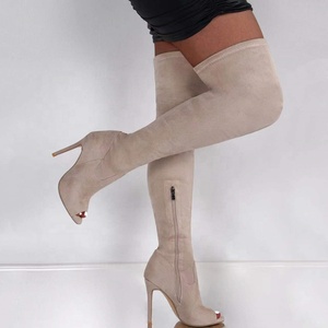 Botas de tacón alto hasta la rodilla con punta abierta, talla 43, de moda, con parte superior elástica, largas, para invierno, para mujer - Product Image 4