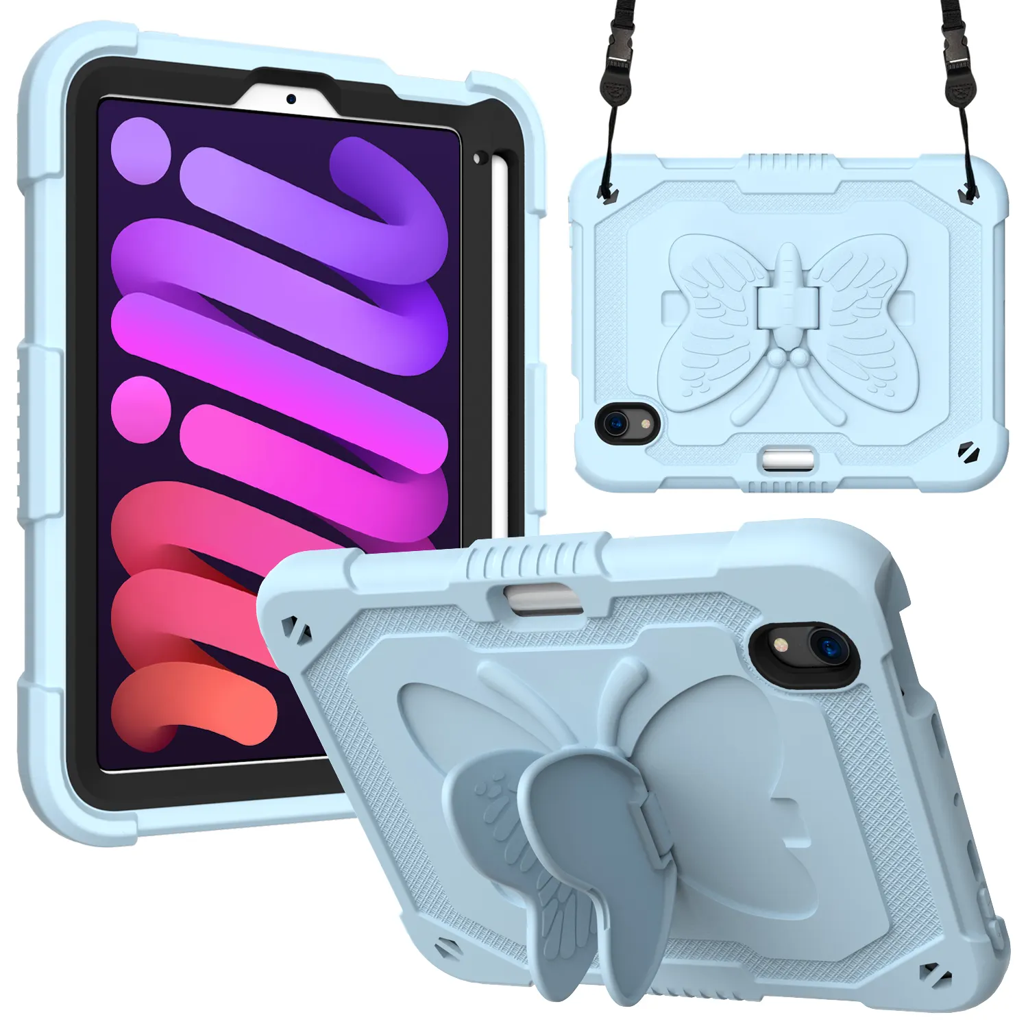 Rugged defender silicone cover with butterfly kickstand school education kids shockproof Case for iPad Mini 6 2021