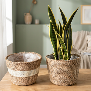 Panier de rangement en jonc de mer naturel tressé avec rayures blanches, écologique, pour plantes d'intérieur et d'extérieur - Product Image 2