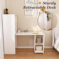 Bureau pliable extensible avec étagères de rangement. Table Murphy escamotable, design blanc peu encombrant pour bureau à domicile, chambre à coucher